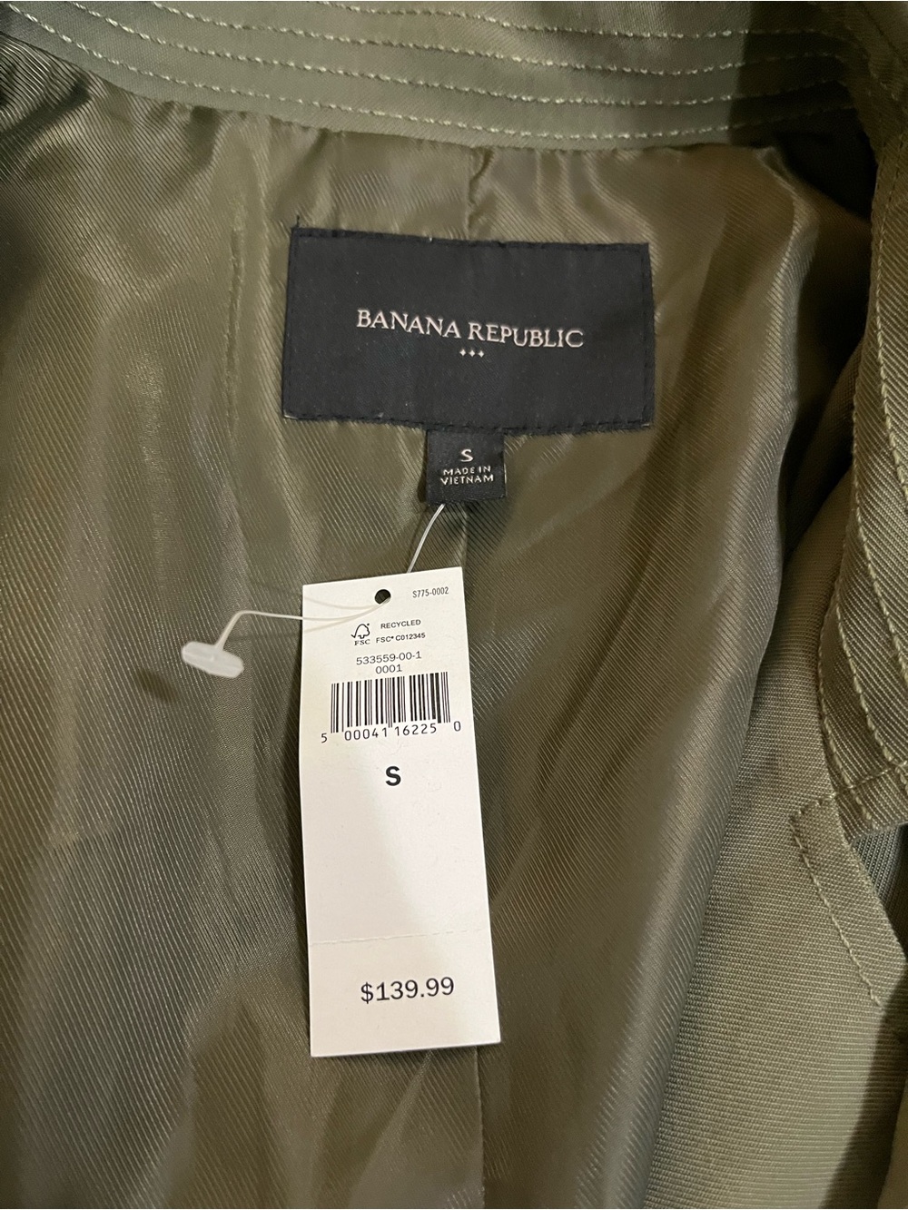 Banana Republic Olive Trench Coat Classic Open Front Tie Waist Women’s Size S - Picture 5 of 9